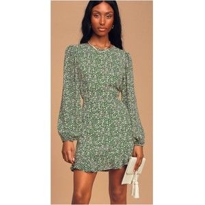 LULUS Green Floral Print Ruffled Long Sleeve Open Back Mini Dress
